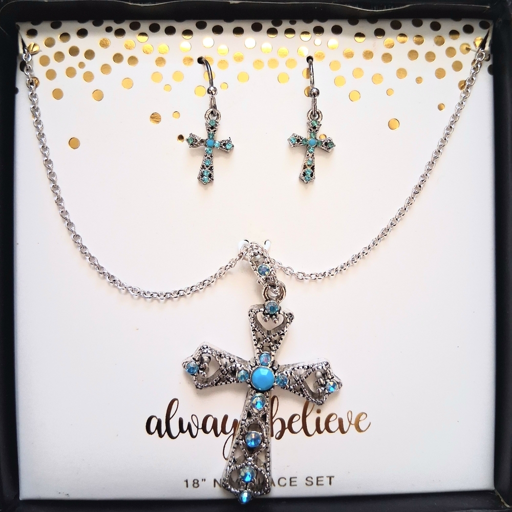Silver and Blue Cross Necklace and Earring Set